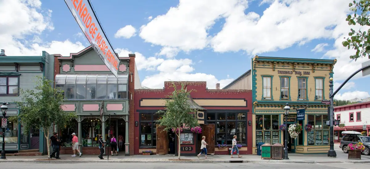 Historic storefronts along Main Street in downtown Breckenridge, Colorado
