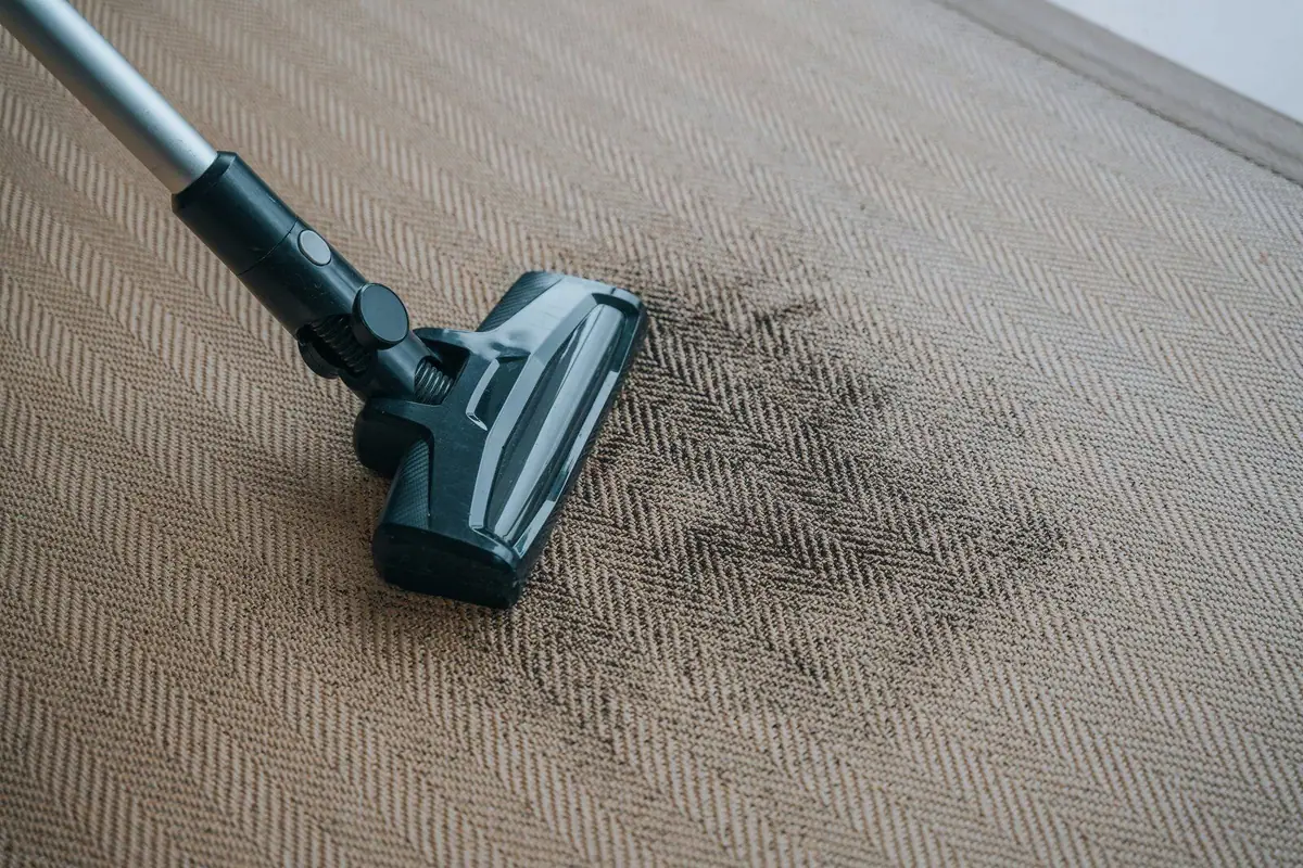 Vacuum lifting a dark soiled patch from a herringbone carpet