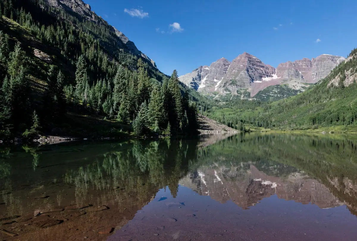 The Maroon Bells reflected in Maroon Lake outside Aspen, Colorado