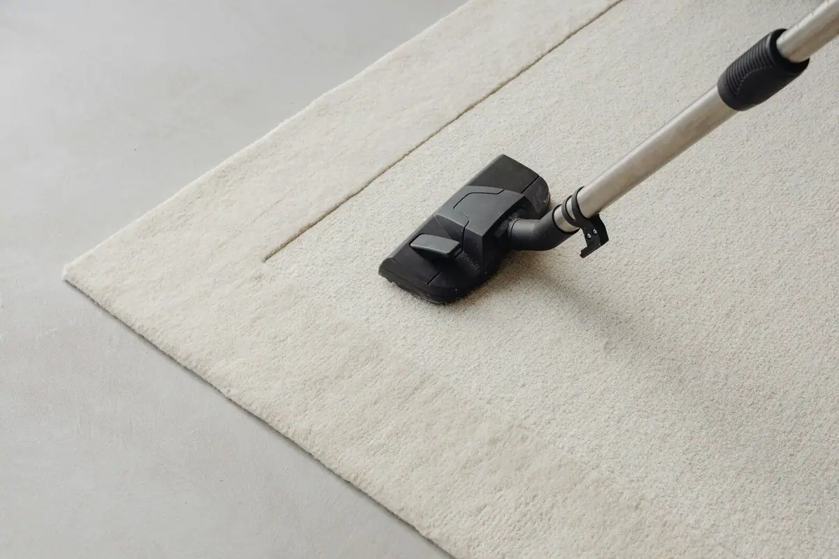 A vacuum head crossing the pile of a pale patterned area rug