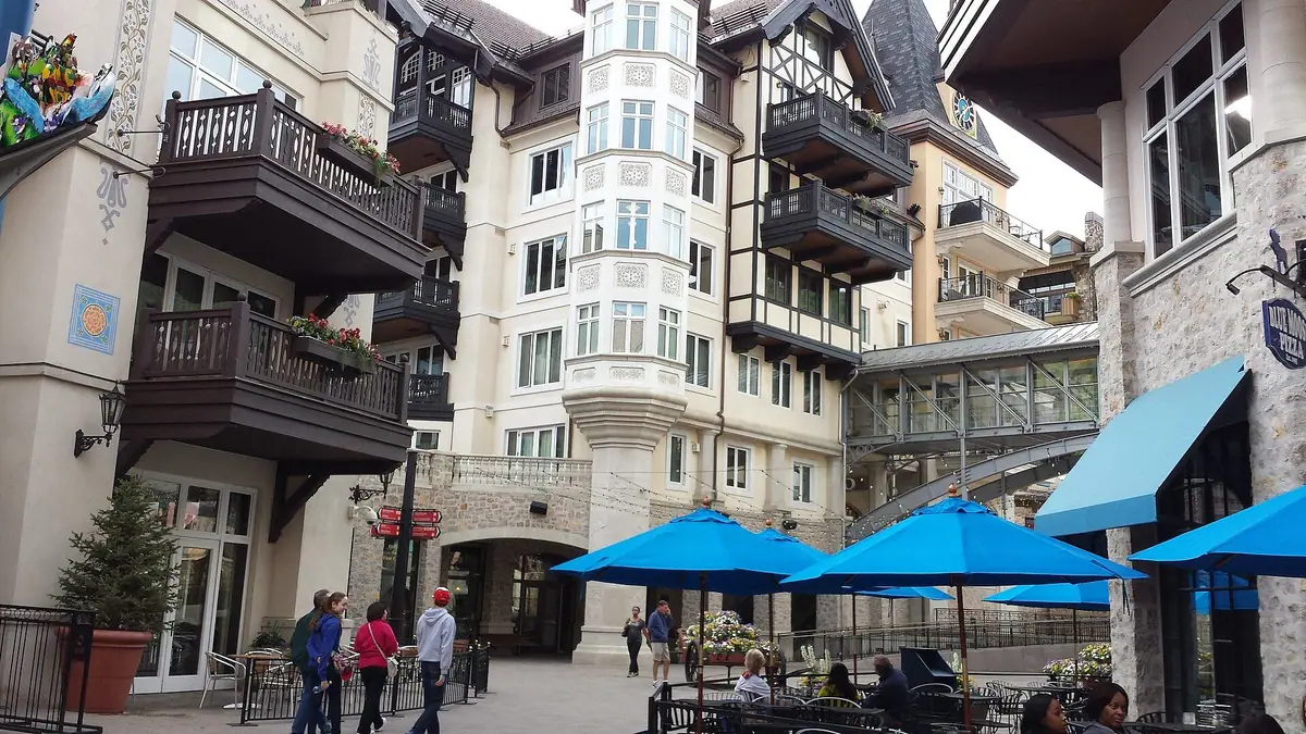 Balconied lodge buildings and an outdoor cafe in Vail Village